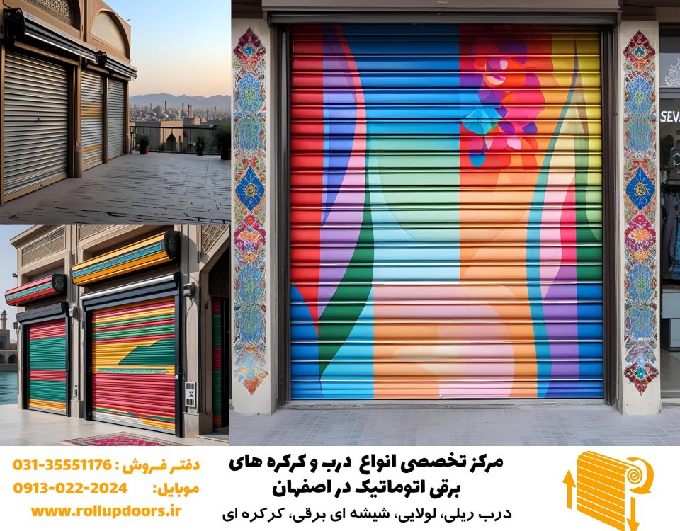 کرکره برقی رنگی و طراحی شده با لوگو روی مغازه مدرن در اصفهان